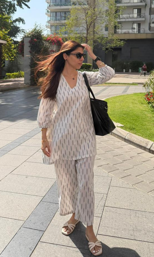 Handloom Ikat White & Black A line Kurta & Bottom Coord