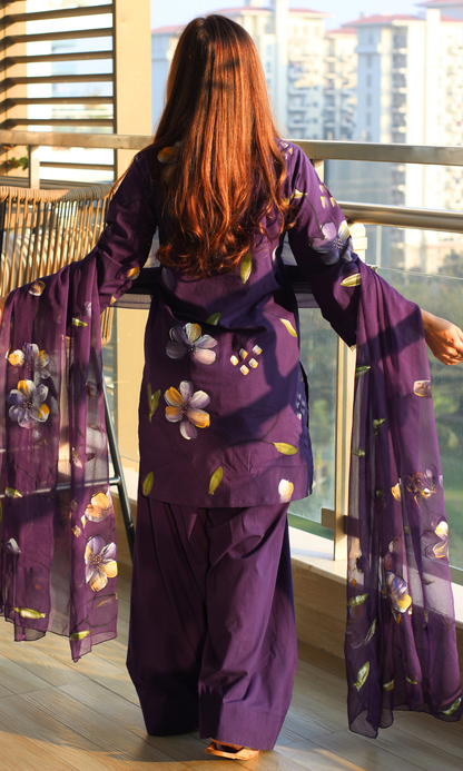 Luxe Purple Handbrush Painted Kurta, Farshi Salwaar & Chiffon Handpainted Dupatta