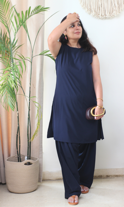 Deep Blue Glossy Boat Neck Kurta with Farshi Salwaar