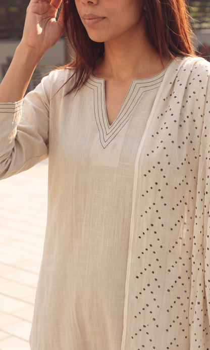 Cotton Slub Beige & Black Suit with Mul Polka Dupatta