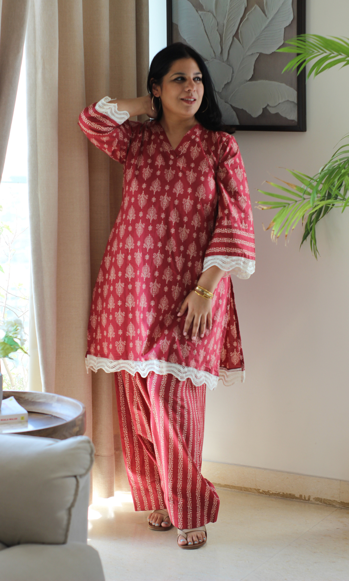Mulberry Laced Printed Kurta with Farshi Salwaar