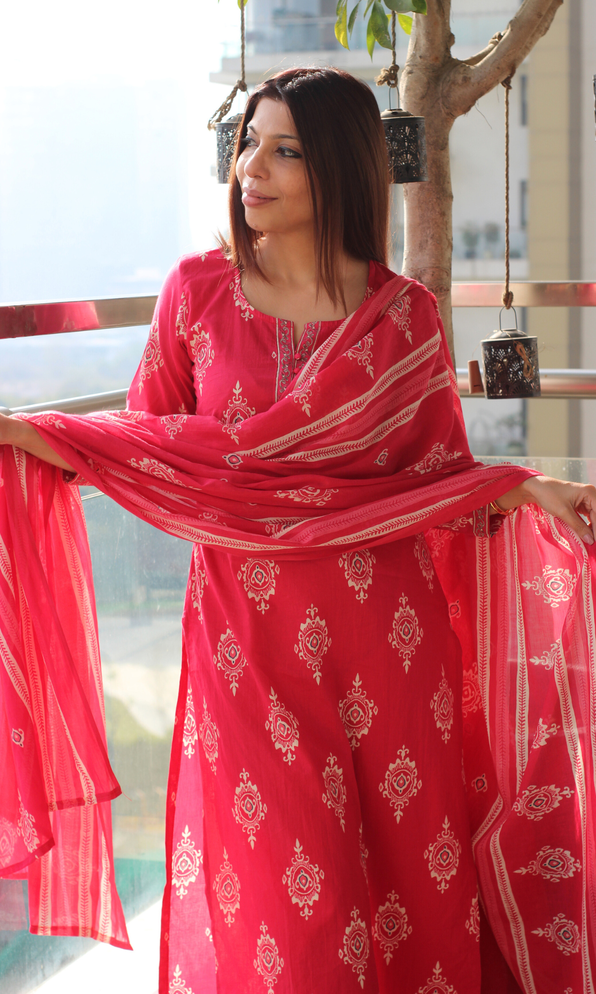 Hot Pink Boota Print Cotton Kurta , Pant & Printed Dupatta