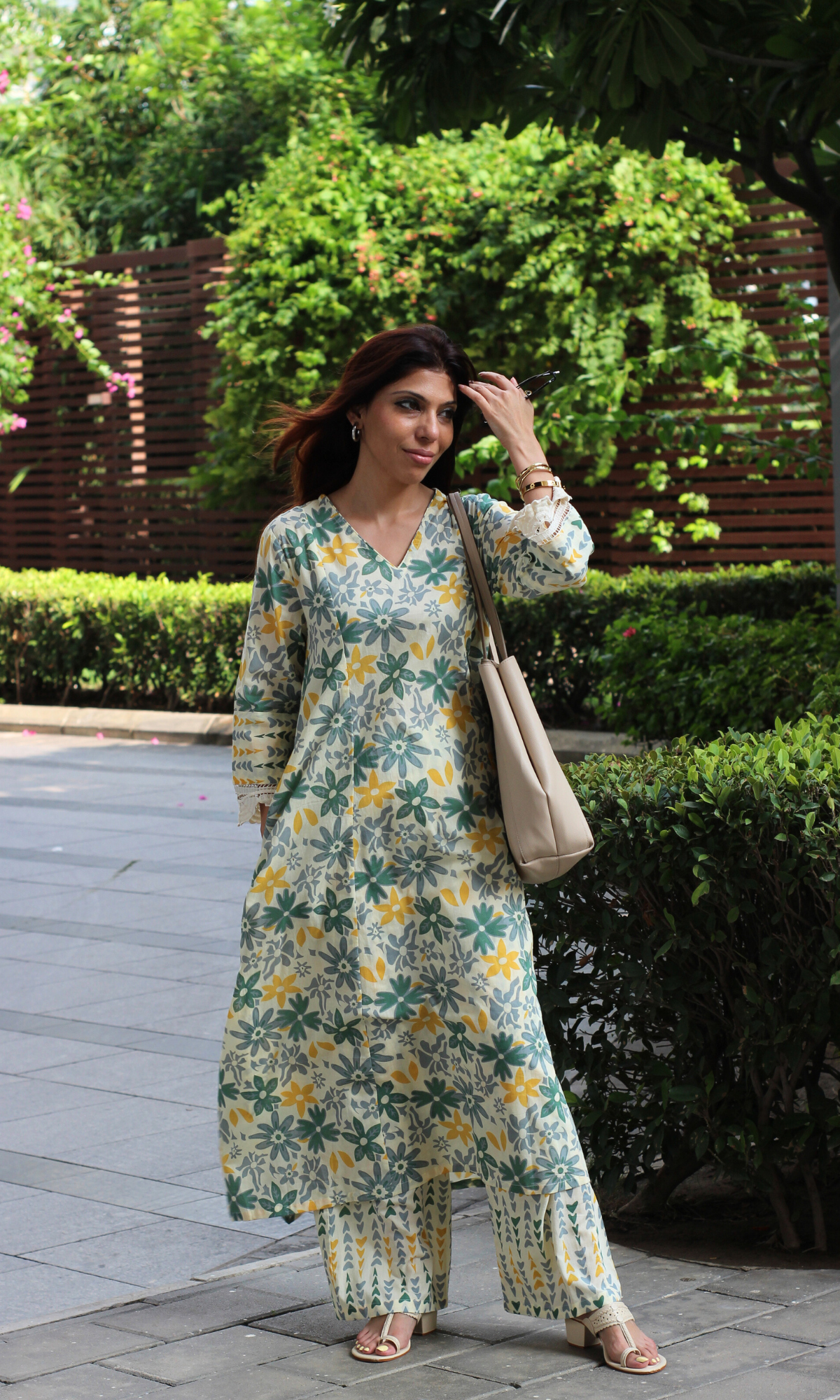 Cotton Beige & Green Floral Haze Printed High Low Kurta & Pant