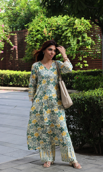 Cotton Beige & Green Floral Haze Printed High Low Kurta & Pant