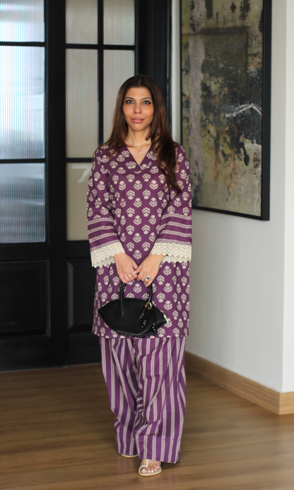 Cotton Berry Booti Print Kurta with Farshi Salwaar