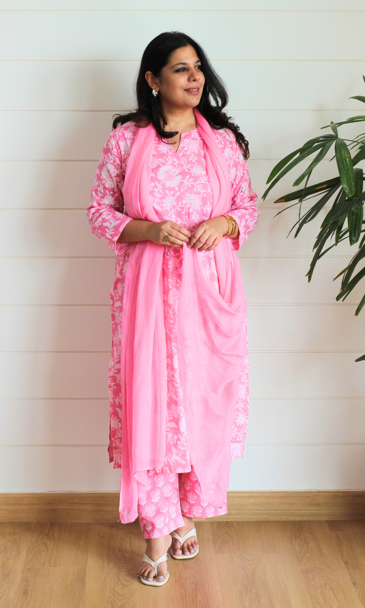 Pink Zara Cotton Printed Kurta, Pant & Chiffon Dupatta