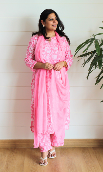 Pink Zara Cotton Printed Kurta, Pant & Chiffon Dupatta