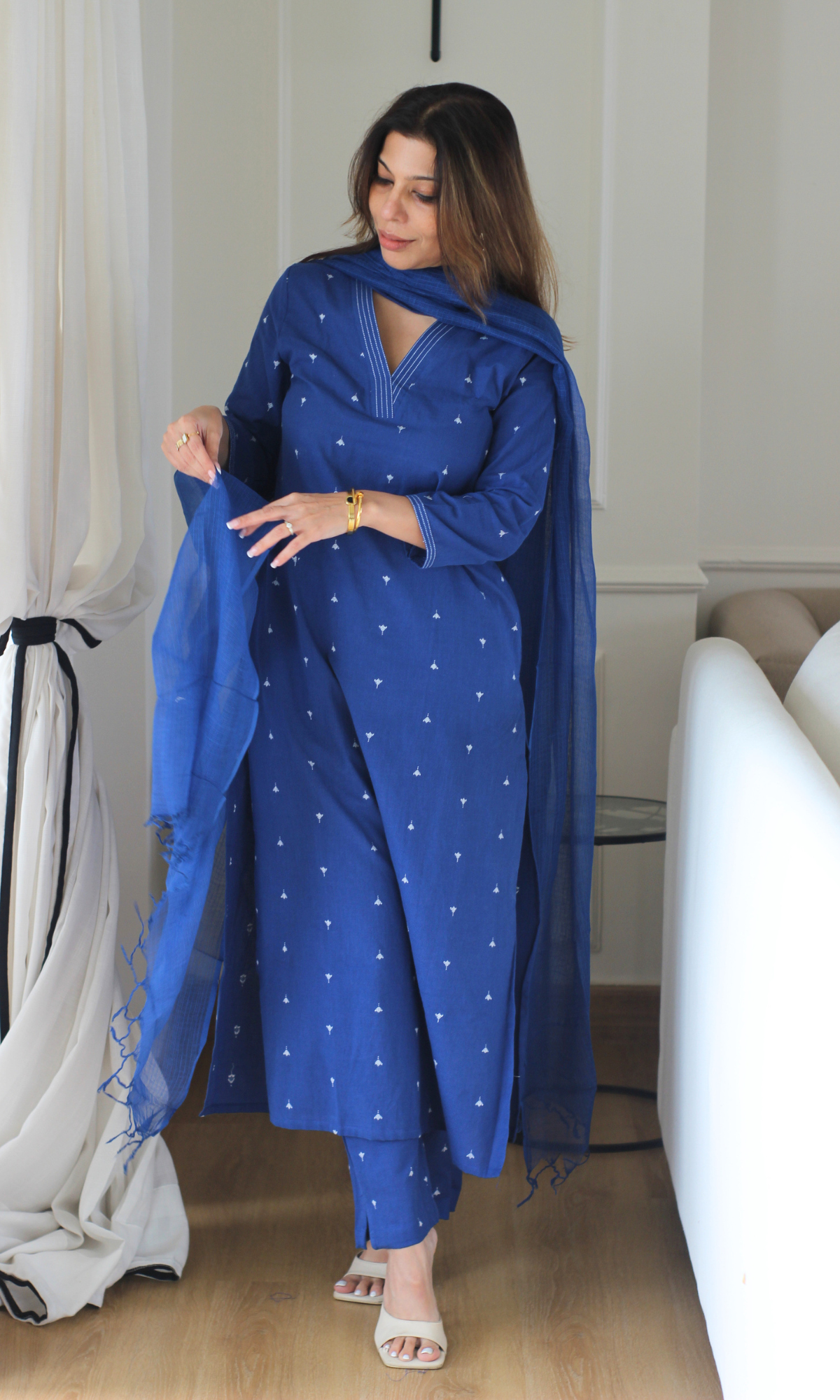 Persian blue Handloom Cotton Dobby Kurta, Pant & Kota Doria Dupatta