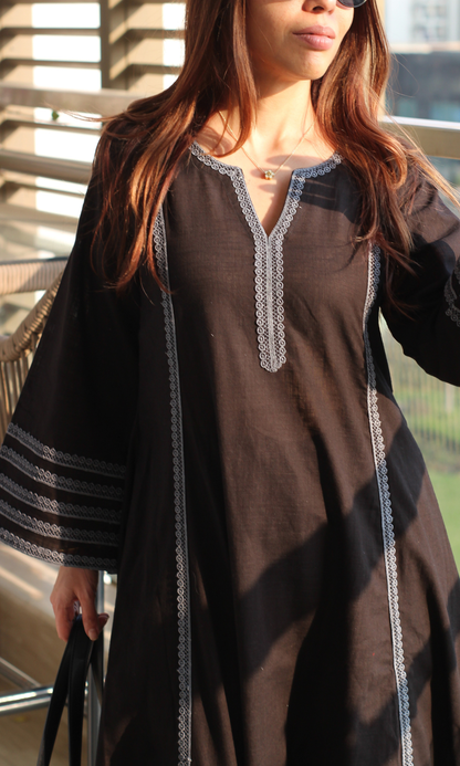 Cotton Slub Black Laced Kali Kurta with Laced Palazzo