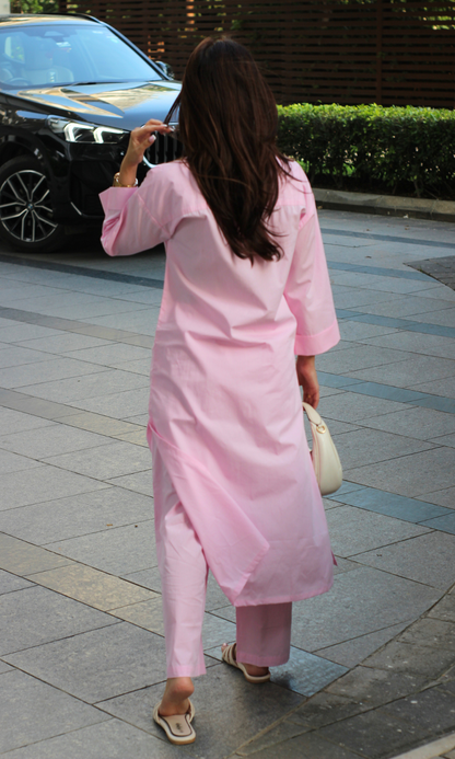 Pink Poplin Shirt Style Kurta & Pant