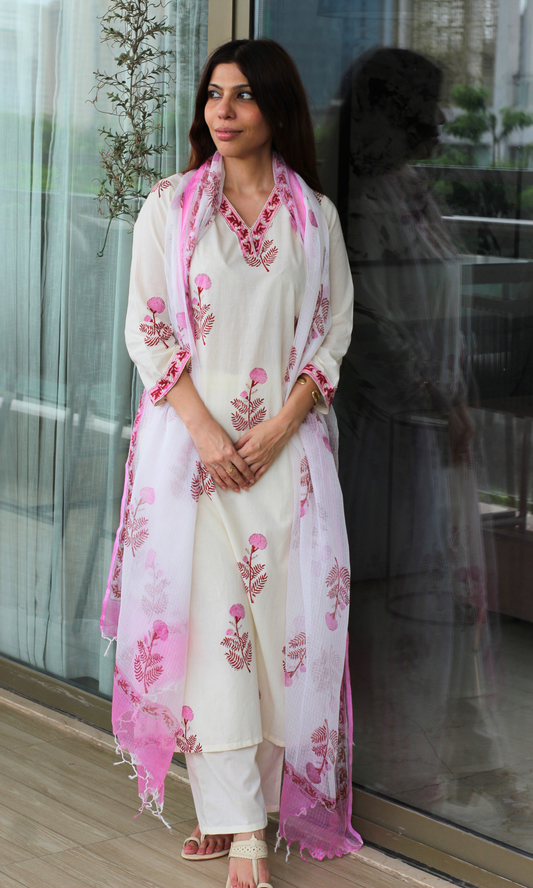 Ivory Rose Buta Mughal Print Cotton Kurta, Pant & Kota Doria Printed Dupatta