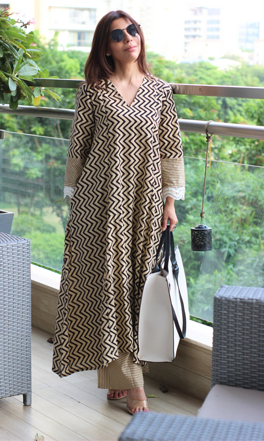 Cotton Handblock Black Zig Zest High Low Kurta & Pallazo