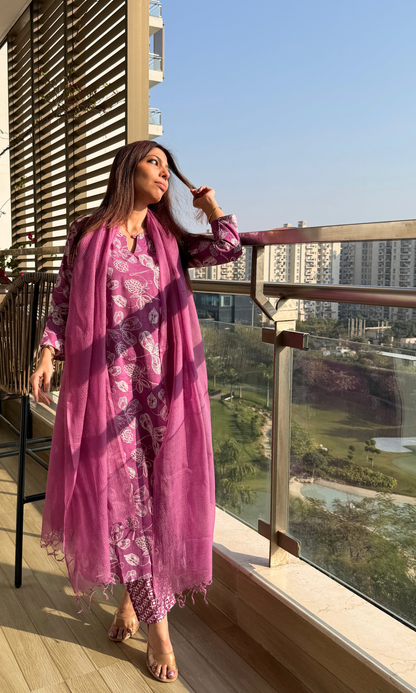Cotton Mulberry Petal Print Kurta, Pant & Kota Doria Dupatta