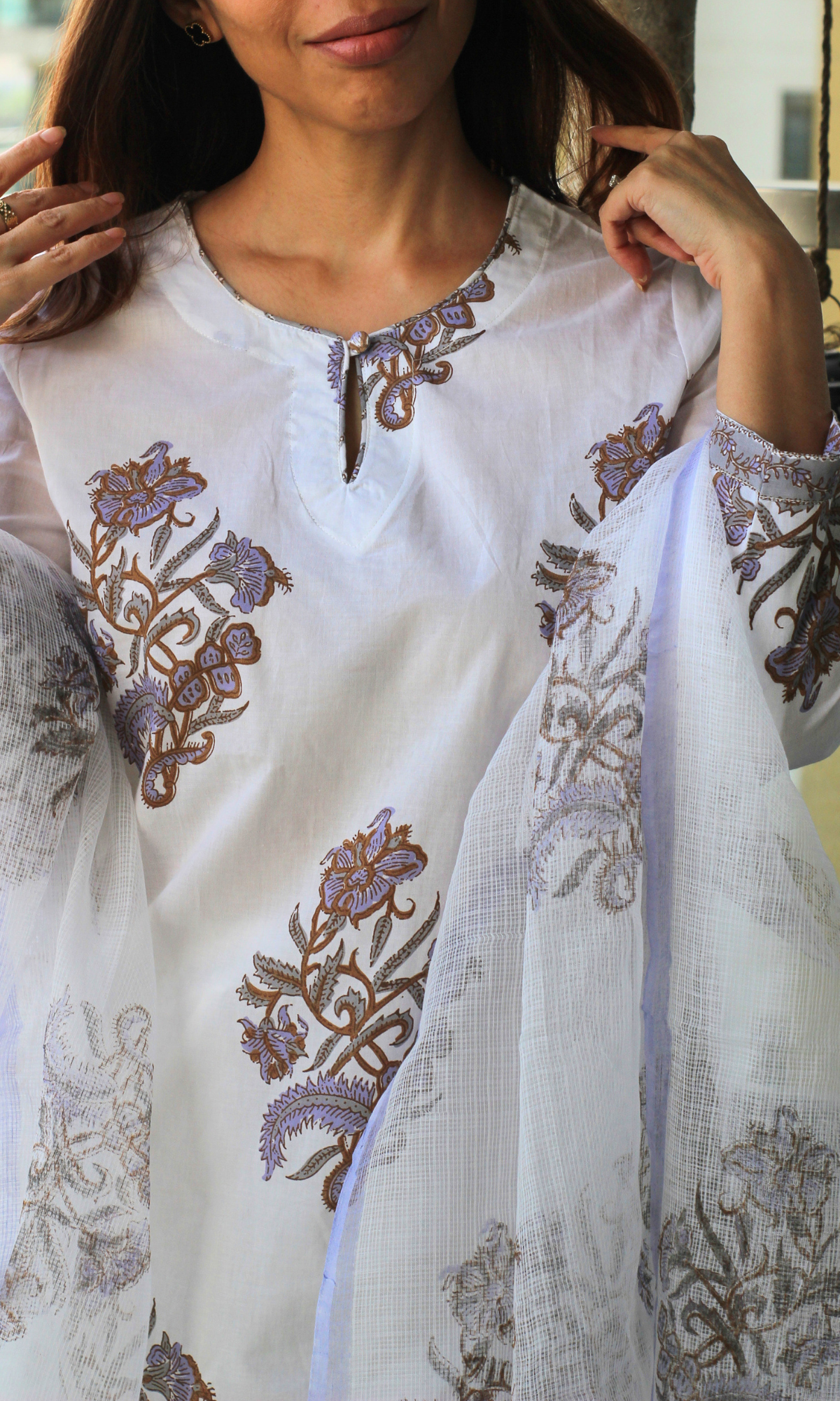 Ziva White & Lavender Mughal Print Kurta, Handblock Print Kota Doria Dupatta & Cotton Pants