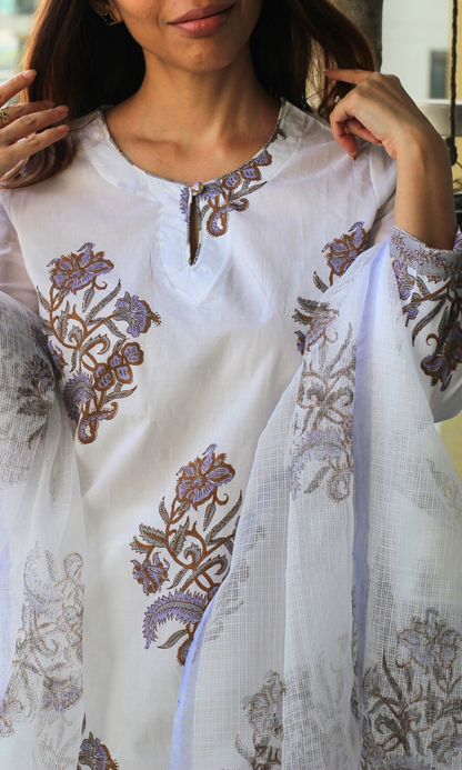 Ziva White & Lavender Mughal Print Kurta, Handblock Print Kota Doria Dupatta & Cotton Pants