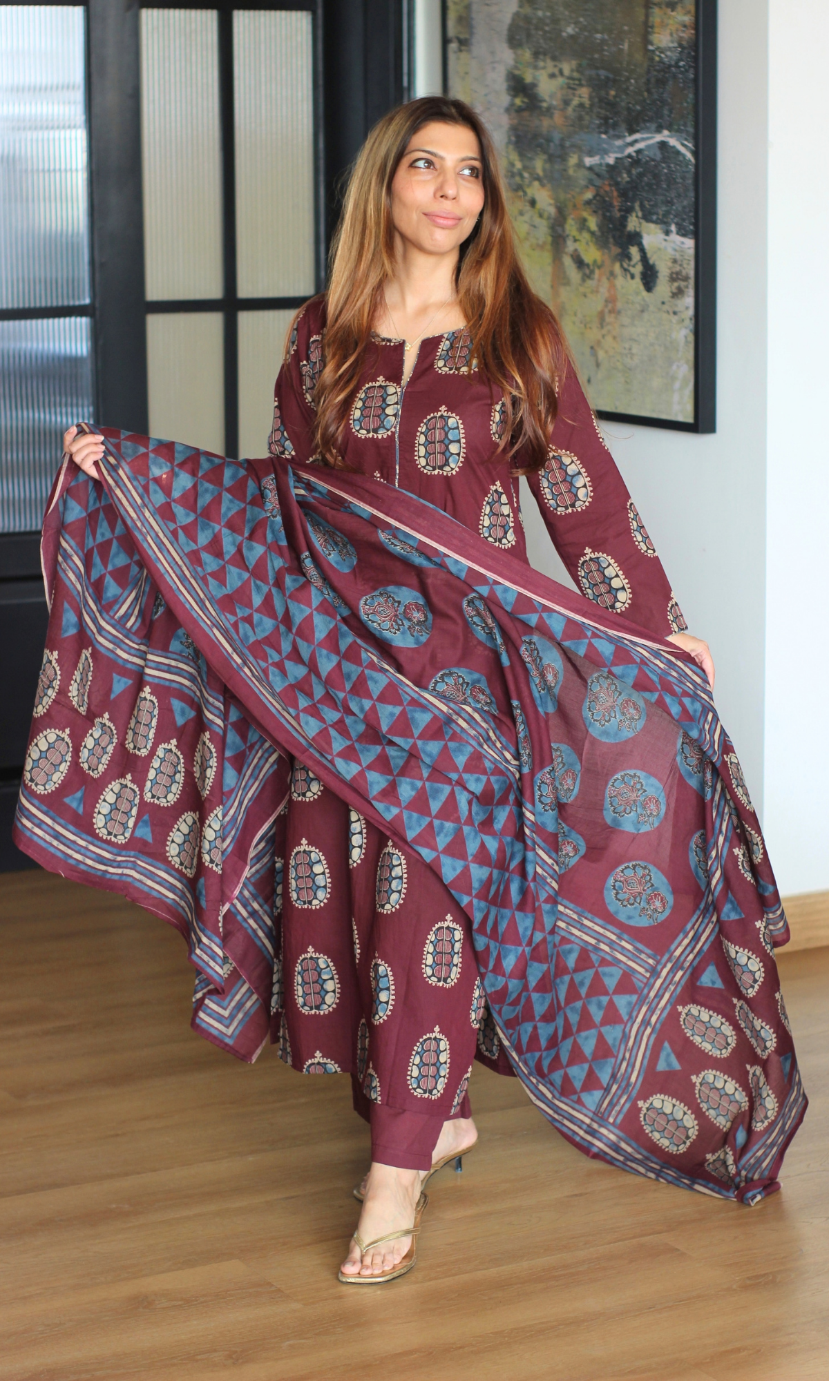 Mahogany Medallion Block Print Cotton Kurta,Dupatta & Pants