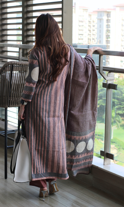 Linen Blend Mocha Striped Print Kurta ,Dupatta with Cotton Pants