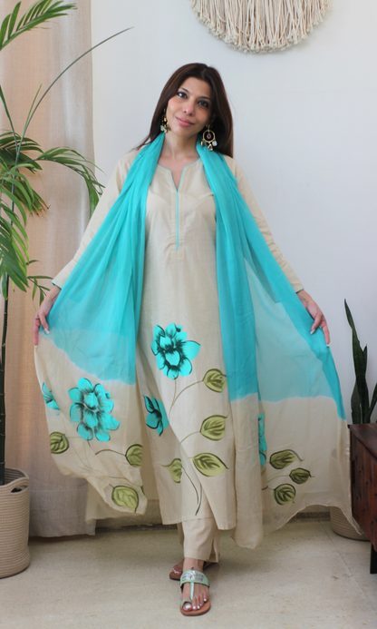 Beige & Sea Green Symphony Handbrush Painted Kurta, Cotton Pants & Chiffon Ombre Handpainted Dupatta