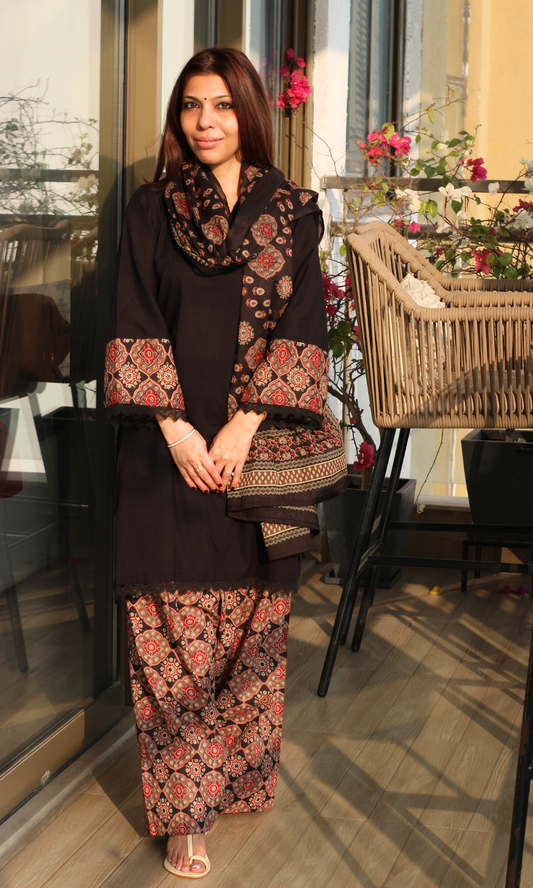 Cotton Black Kurta , Ajrakh Afgani Salwaar with Cotton Printed Dupatta