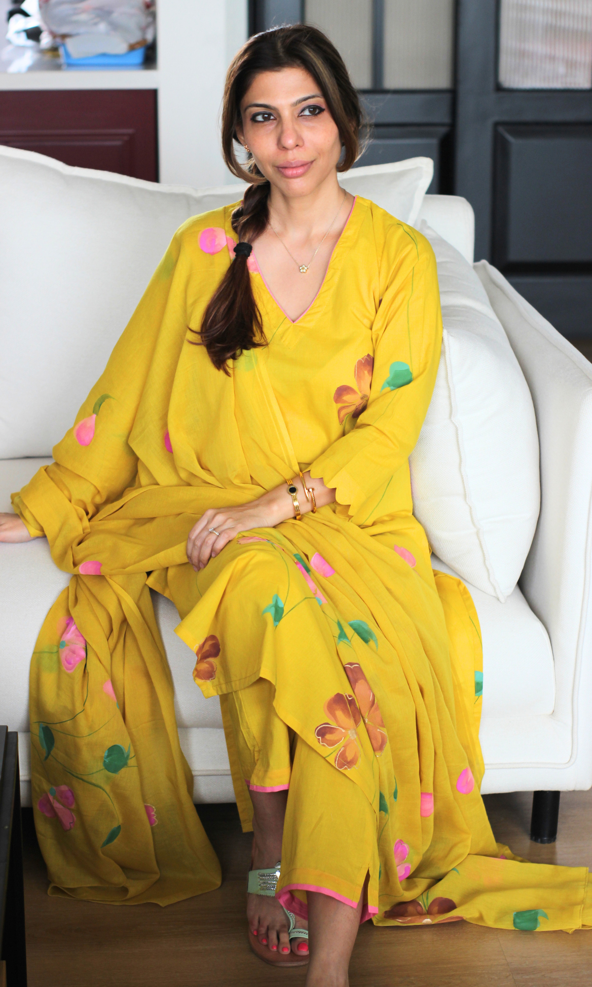 Genda Phool Cotton Handbrush Painted Kurta, Dupatta & Cotton Pants