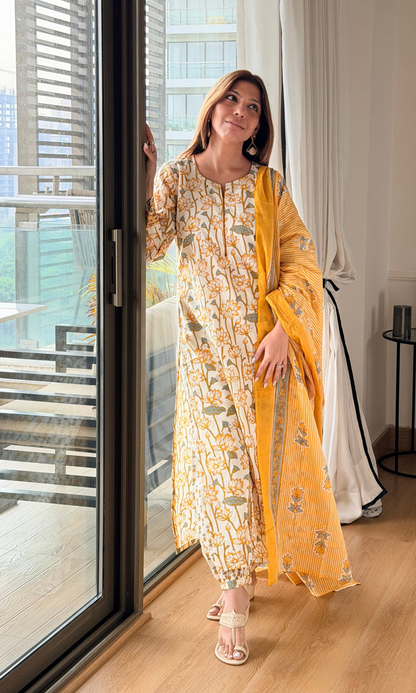 Meera Yellow Floral Kurta, Afgani Pants & Printed Dupatta