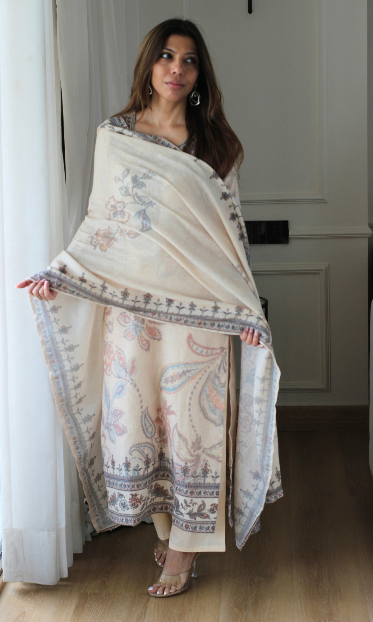 Oatmeal Woven Linen Blend Kurta, Dupatta & Cotton Pants