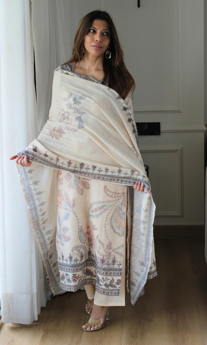 Oatmeal Woven Linen Blend Kurta, Dupatta & Cotton Pants