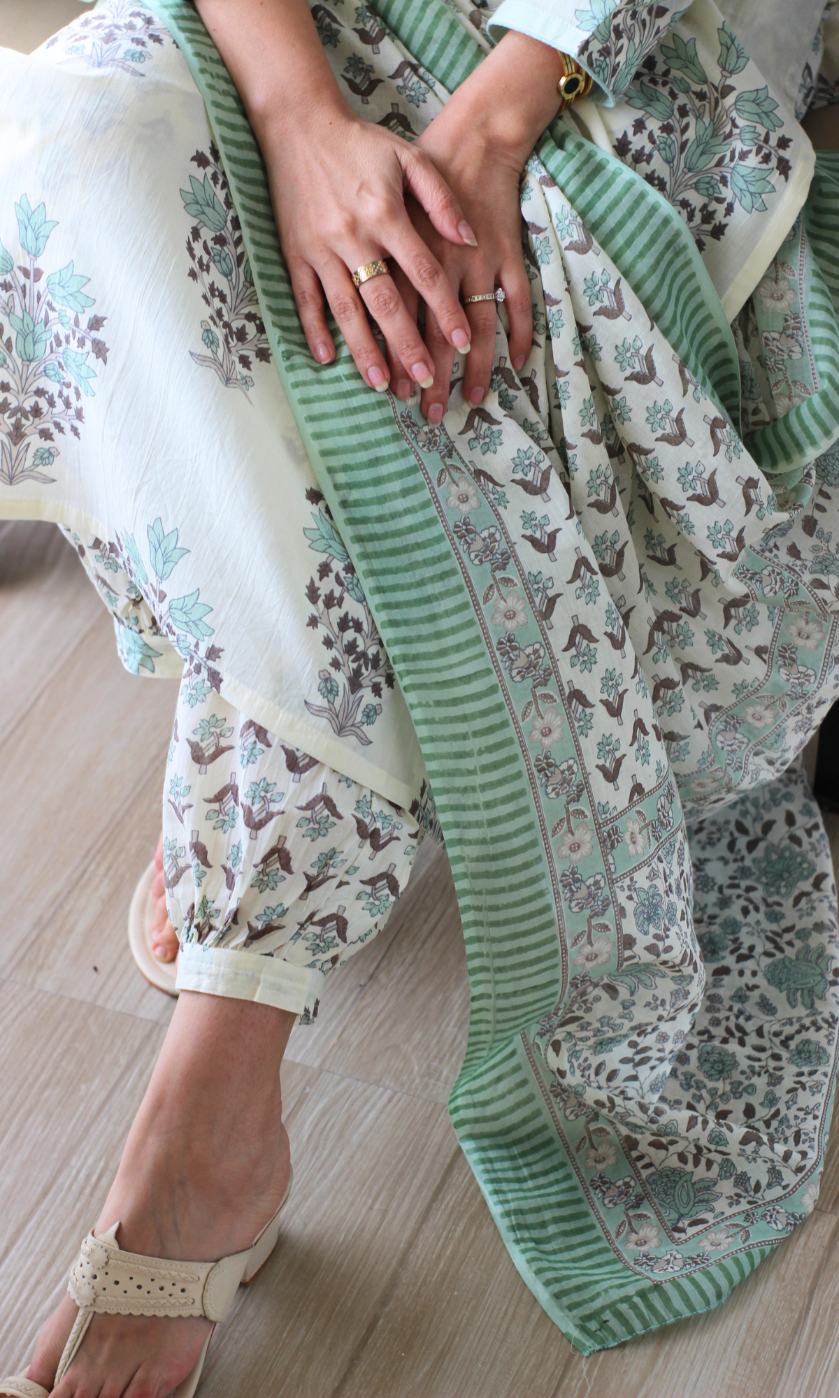 Jade Petal Mughal Print Cotton Kurta, Afghani Pant and Mul Printed Dupatta