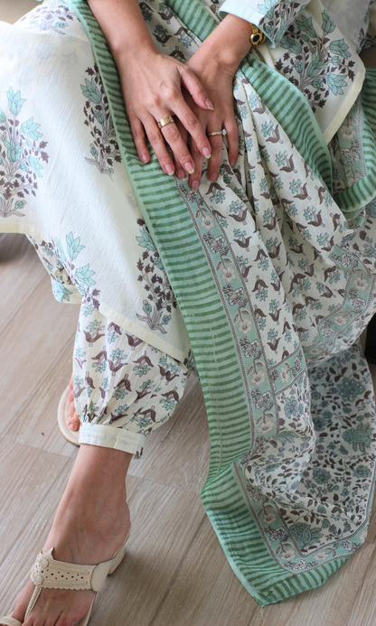 Jade Petal Mughal Print Cotton Kurta, Afghani Pant and Mul Printed Dupatta