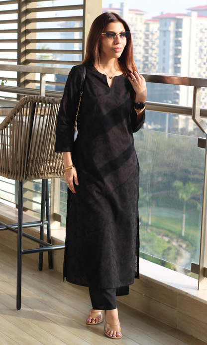 Black Overall Embroidered Kurta & Cotton Pants