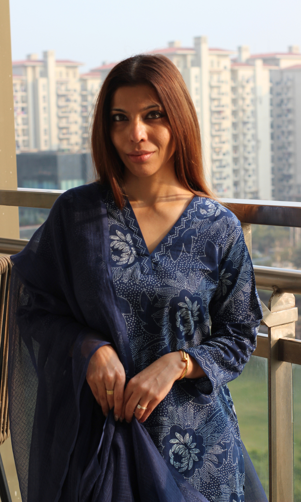 Cotton Navy Freckled Flower Printed Kurta, Pant & Kota Dupatta