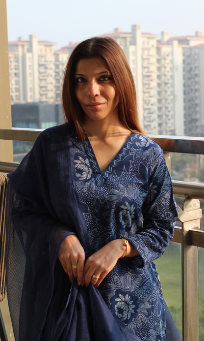 Cotton Navy Freckled Flower Printed Kurta, Pant & Kota Dupatta
