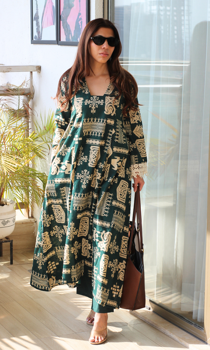 Dark Green Tribal Print Kali Kurta with Cotton Pants