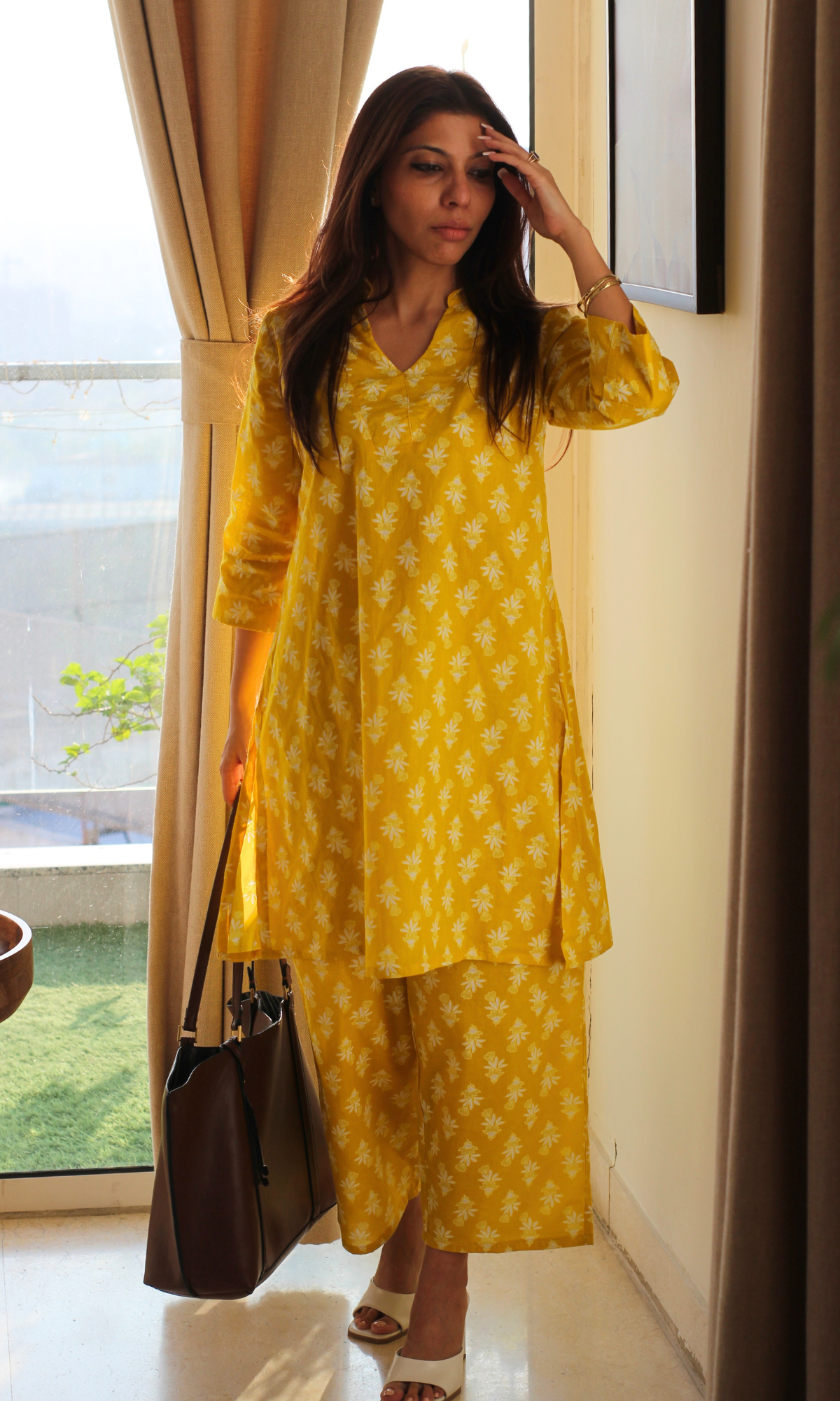Cotton Yellow Booti Print Collared Neck Co-ord