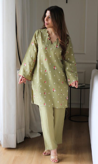 Wahida Olive Embroidered Kurta with Pants