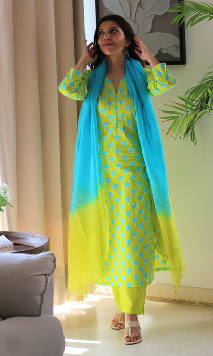 Tropical Lime Printed Kurta, Cotton Pants and Ombré Kota Doria Dupatta