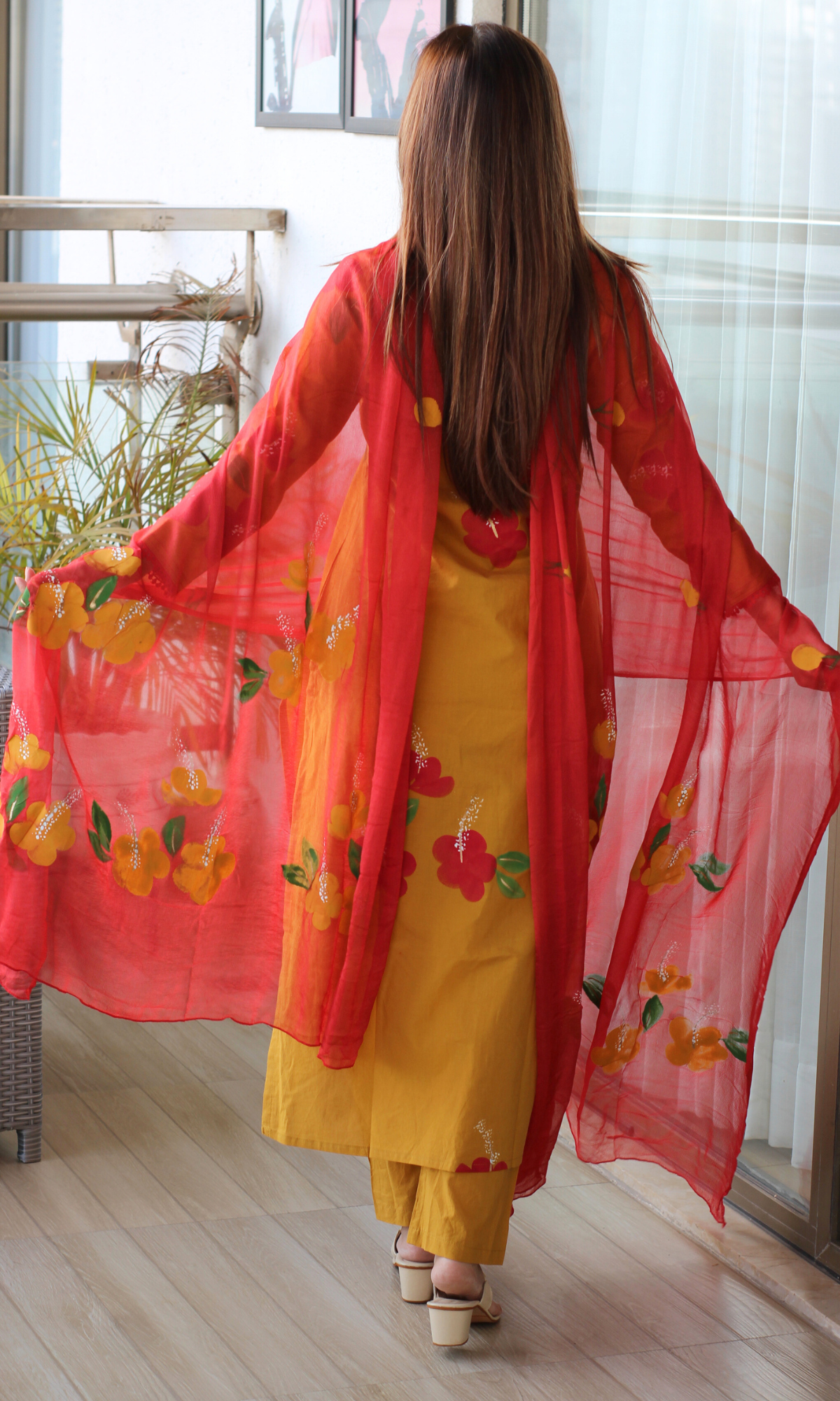 Yellow & Red Handbrush Painted Kurta, Chiffon Handpainted Dupatta & Cotton Pants