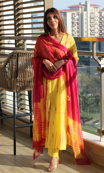 Cotton Yellow & Pink Tie & Dye Kurta, Pants & Chiffon Dupatta