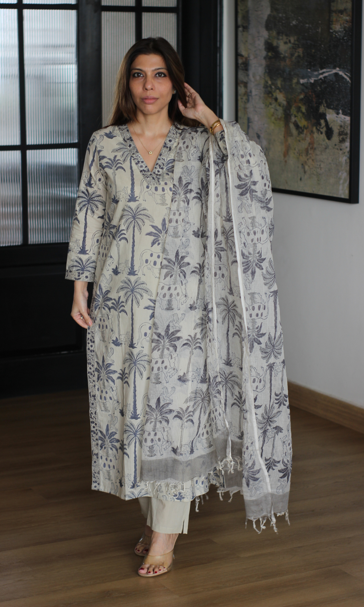 Neelika Palm Handblock Print  Kurta, Cotton Pant and Kota Doria Printed Dupatta