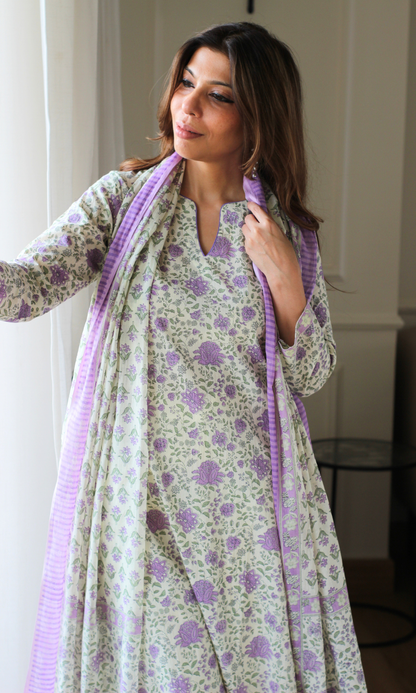 Lavender Garden Block Print Cotton Kurta, Afghani Pant and Mul Printed Dupatta