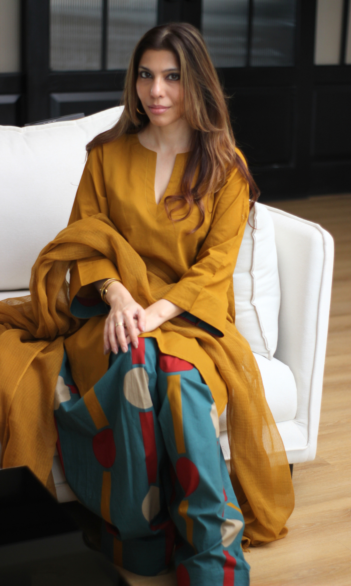 Mustard Kurta with Contrast Farshi & Kota Doria Dupatta
