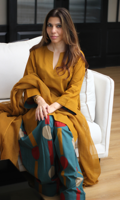 Mustard Kurta with Contrast Farshi & Kota Doria Dupatta