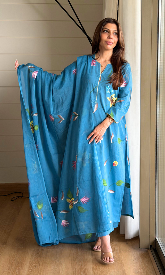 Nile Blue Handbrush Painted Kurta, Cotton Pants & Handpainted Dupatta