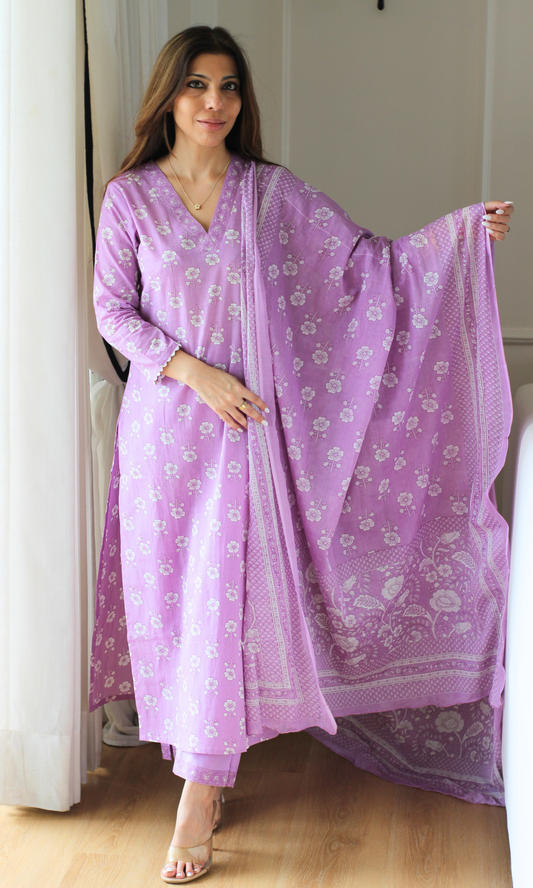 Lilac Lily Block Print Kurta, Dupatta & Cotton Pants