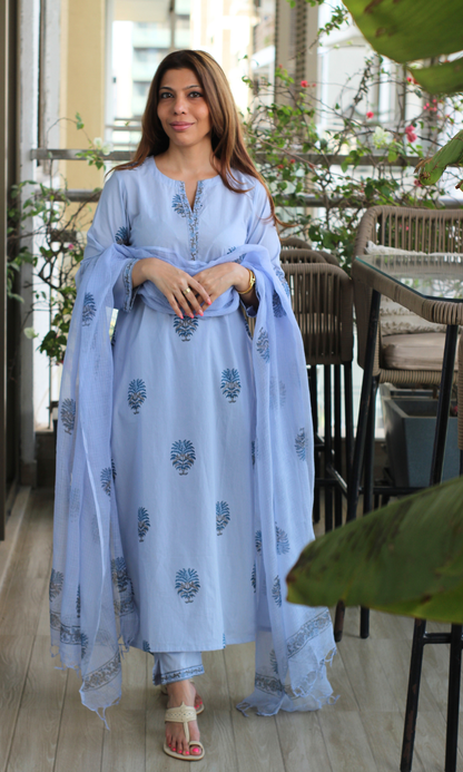 Iris Mist Cotton Mughal Print Kurta, Pant & Kota Doria Handblock Print Dupatta