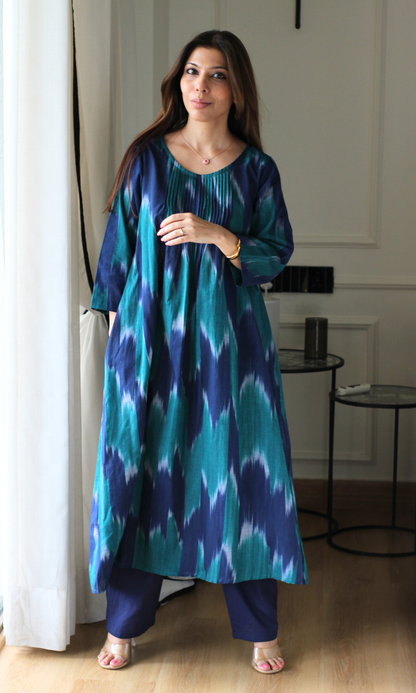 Peacock Cotton Ikat Pleated Kurta & Cotton Pant