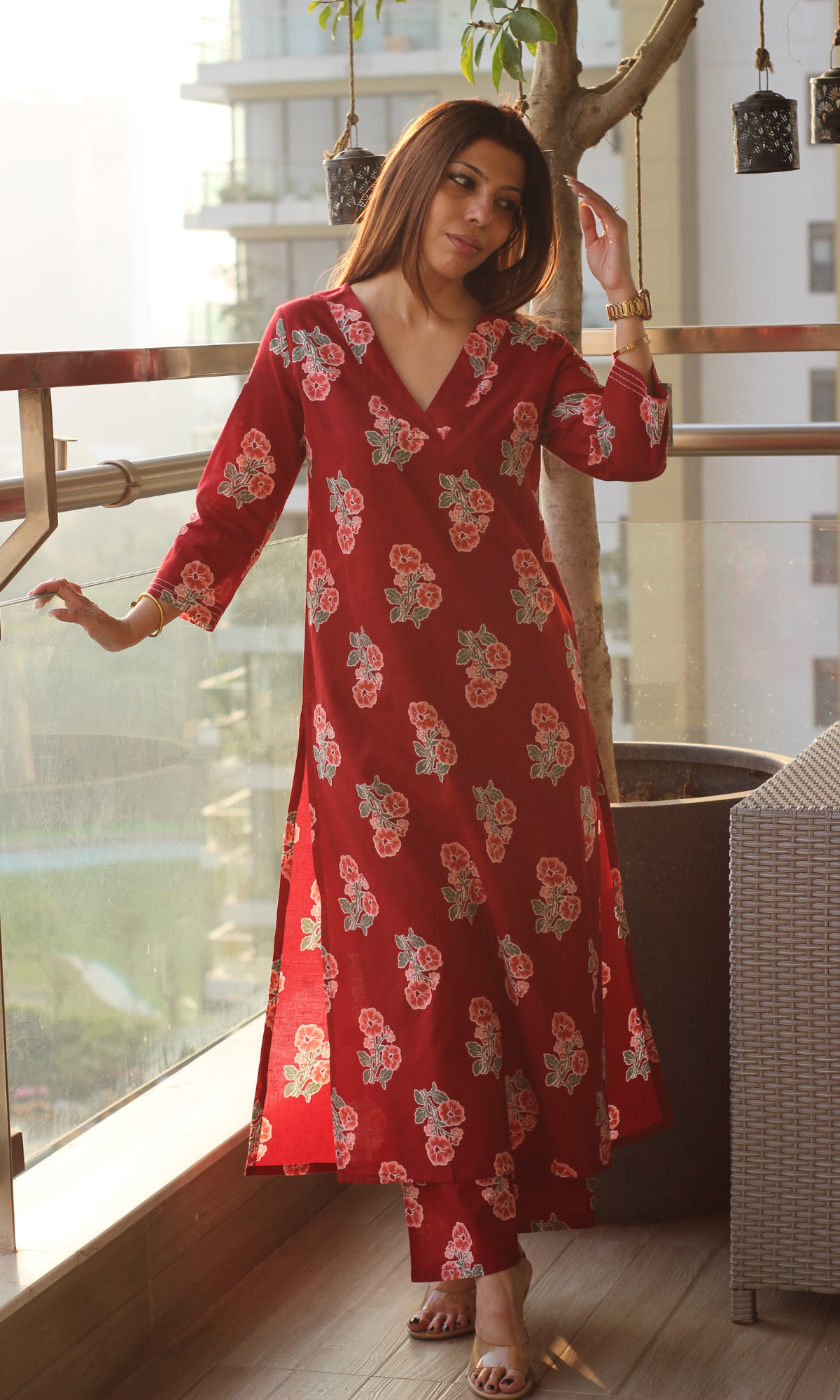 Poppy Red Flower Block Print Kurta & Pant
