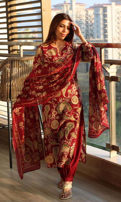 Ruhaani Ruby Block Printed Cotton Kurta, Dupatta & Afghani Style Pant