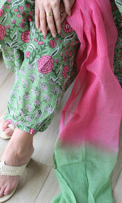 Green & Pink Block Printed Kurta, Afghani Salwaar & Ombré Kota Dupatta