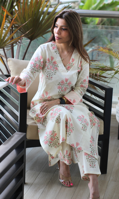 Cotton Off White & Peach Mughal Print Kurta & Pant